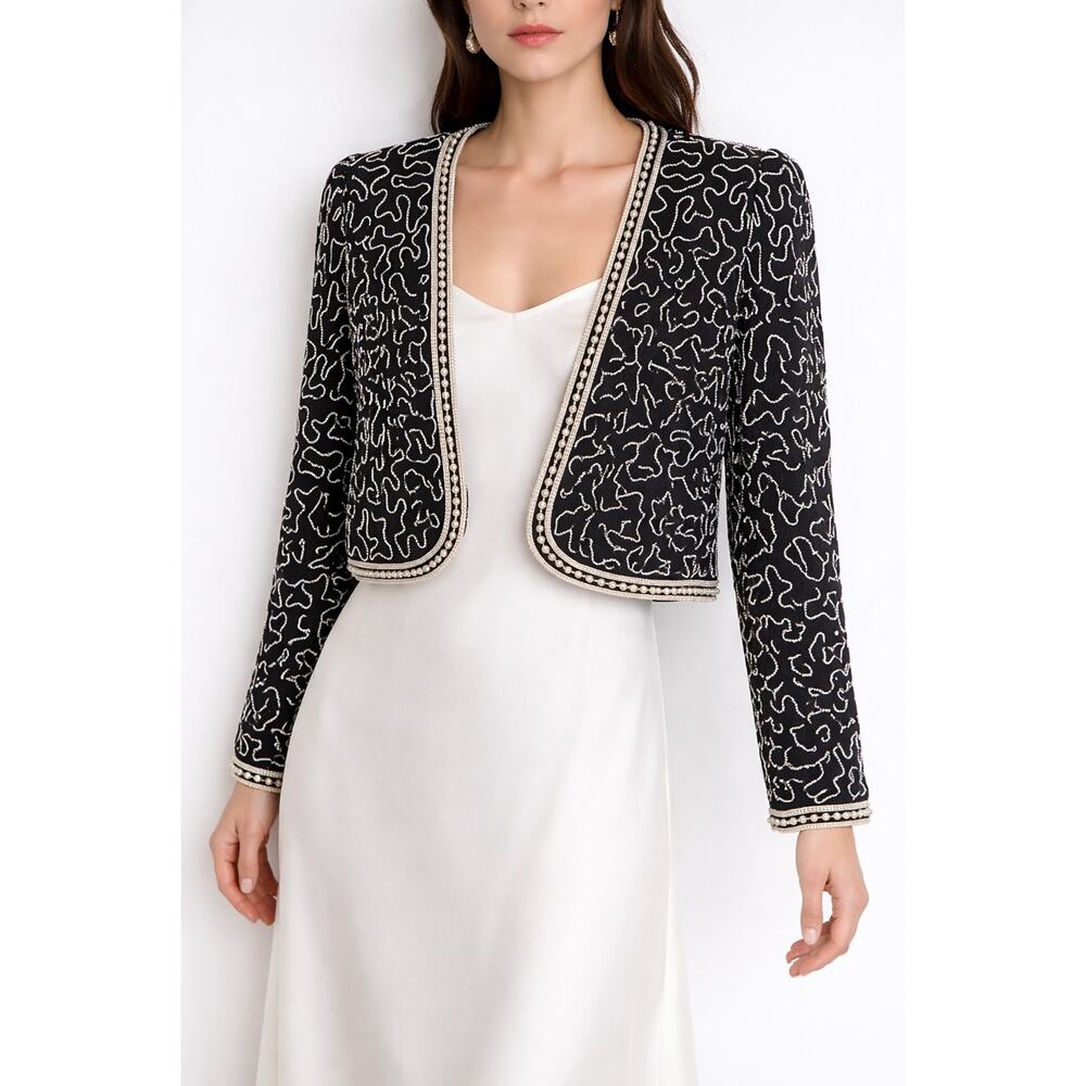 1980s Leslie Fay Silk Beaded Pearl Trim Evening Bolero Jacket M